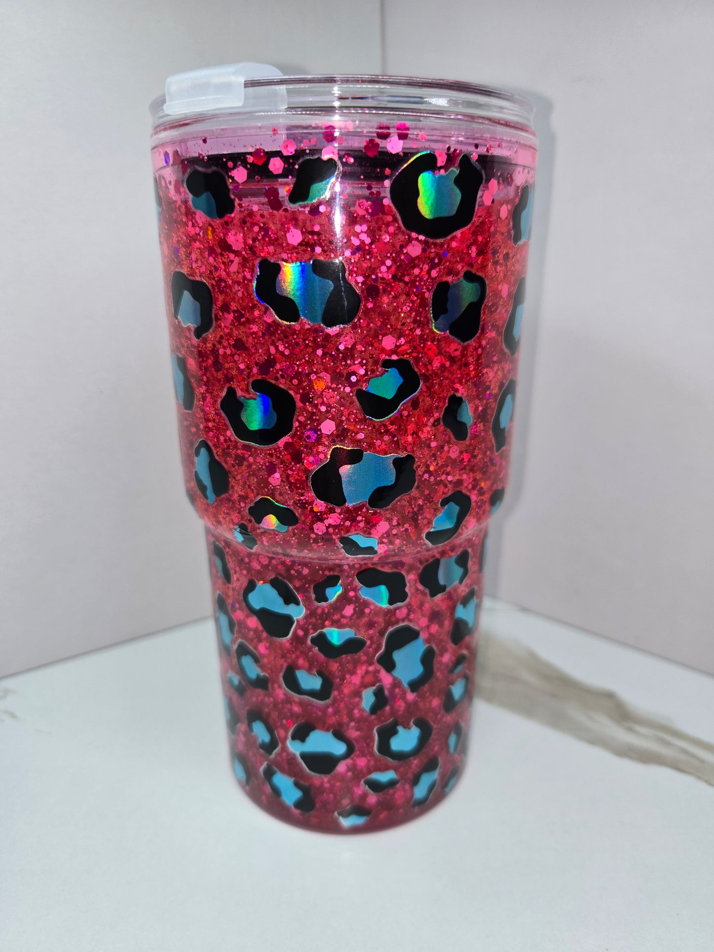 18oz Acrylic Hot Pink/Teal Animal Print Snow Globe Tumbler