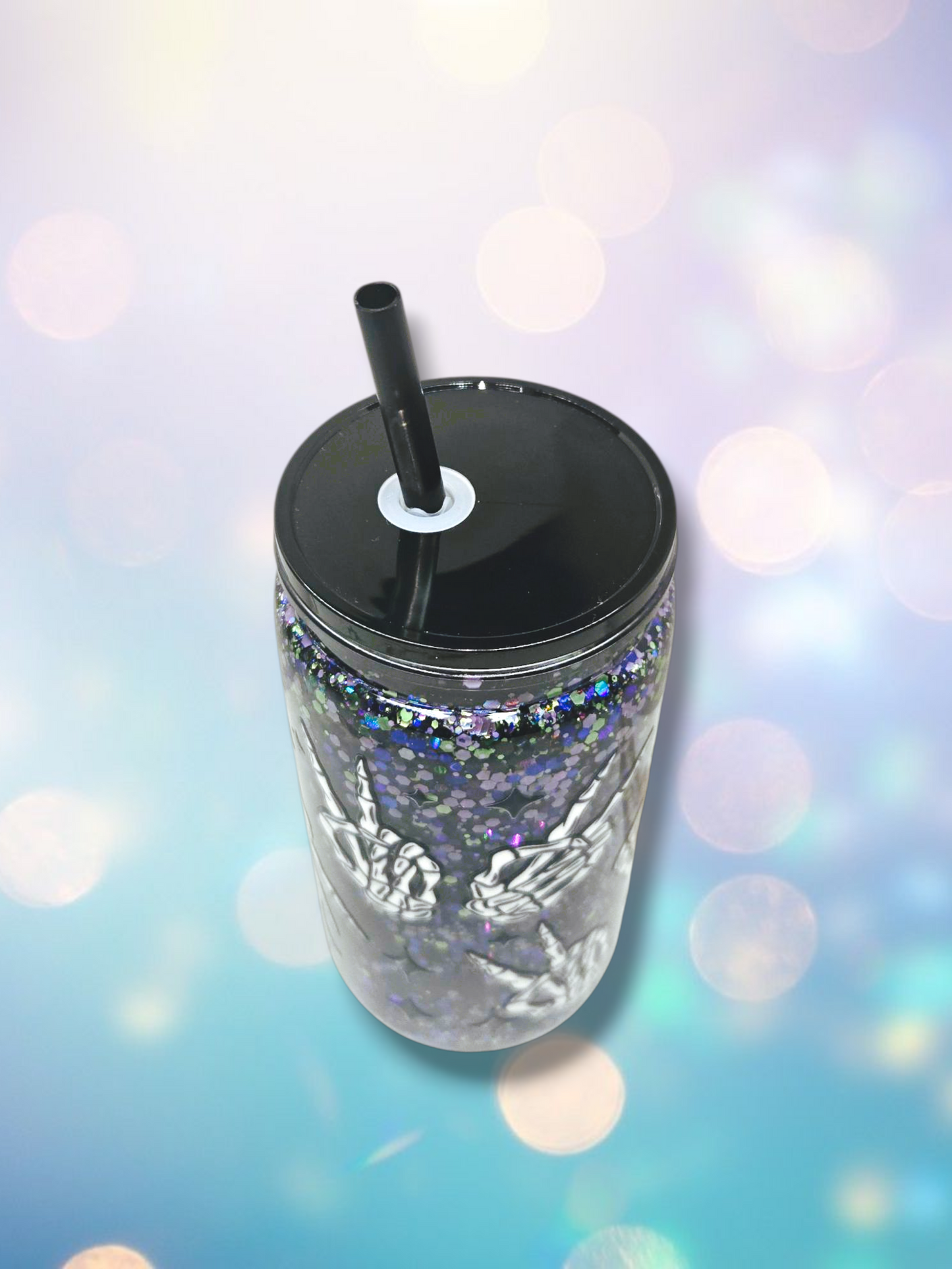 16oz Purple Skeleton Peace Sign Snow Globe Tumbler