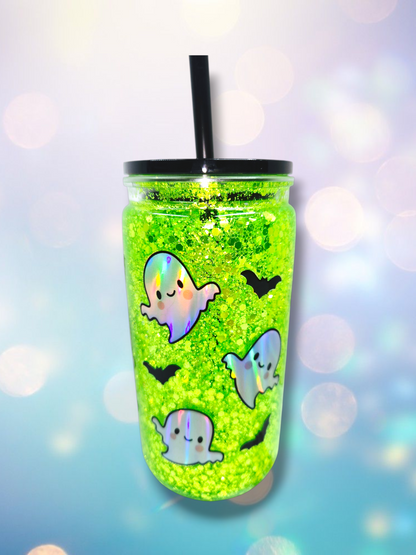 16oz Acrylic Neon Boo Ghost Snow Globe Tumbler