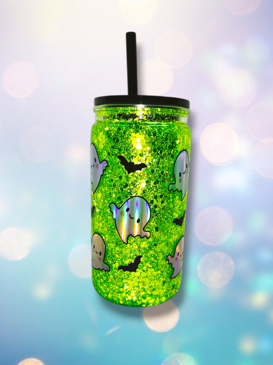 16oz Acrylic Neon Boo Ghost Snow Globe Tumbler