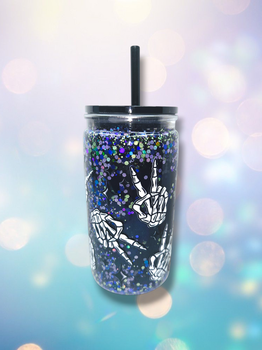 16oz Purple Skeleton Peace Sign Snow Globe Tumbler
