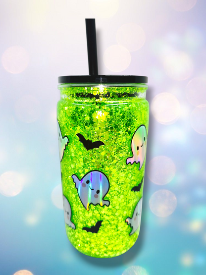 16oz Acrylic Neon Boo Ghost Snow Globe Tumbler