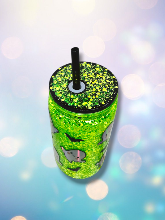 16oz Acrylic Neon Boo Ghost Snow Globe Tumbler