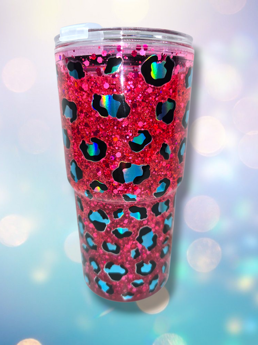 18oz Acrylic Hot Pink/Teal Animal Print Snow Globe Tumbler
