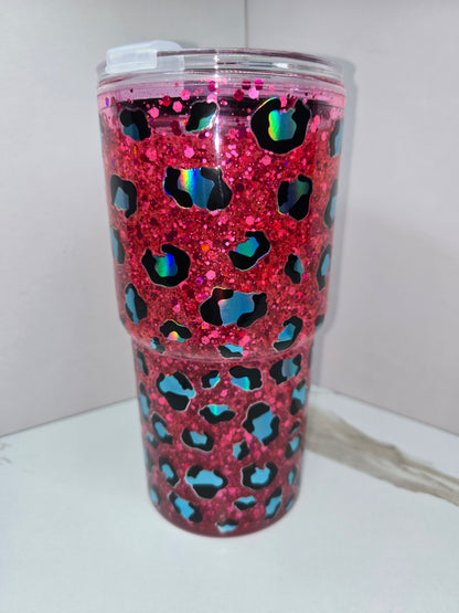 18oz Acrylic Hot Pink/Teal Animal Print Snow Globe Tumbler